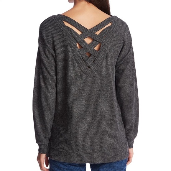 1. State Sweaters - 1. State Lattice V-Back Waffle Weave Sweater in Medium Heather Grey XS New